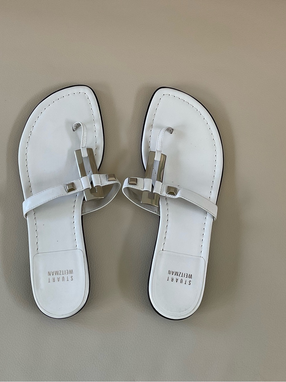 Stuart Weitzman White Leather Sandals with Silver Accents, Size 8.5
